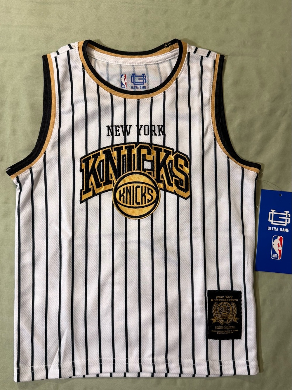 NBA New York Knicks White, Black & Gold Pinstripe Jersey
